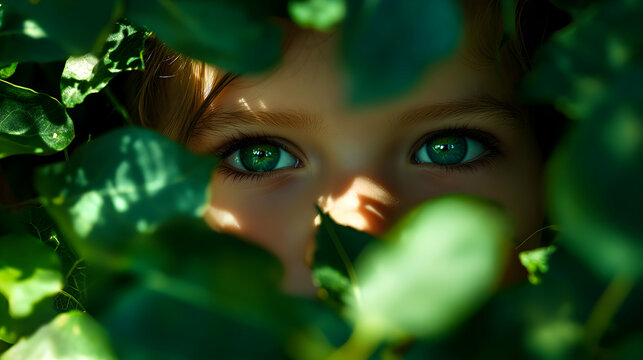 A childâ€™s face peeking through a cluster of bright green leaves, their wide eyes filled with curiosity, sunlight filtering through the foliage creating dappled patterns on their skin