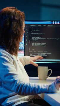 Vertical video Software engineer teacher doing online tutoring, talking with student in online videocall about ways to do debugging. IT master teaching apprentice in webinar how to write code, camera