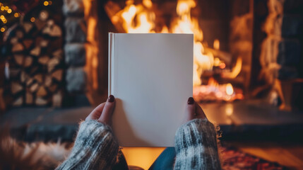 People hands holding a white book mock-up with copy space in front of a beautiful beach , read a...