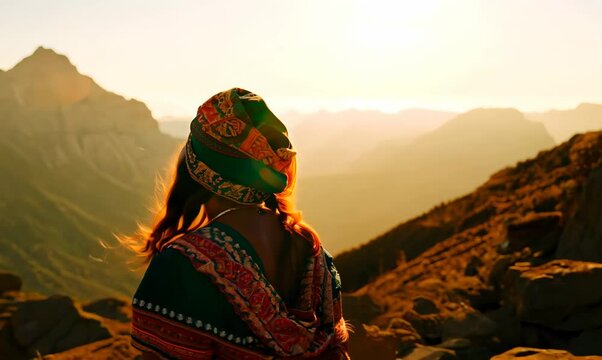 Over-the-Shoulder Shot of Sudanese Woman Hiking Mountains in Vibrant Attire