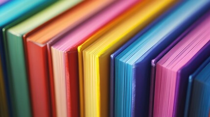 A close-up of multicolored notebooks with their spines visible, highlighting a spectrum of bright and pastel colors. -