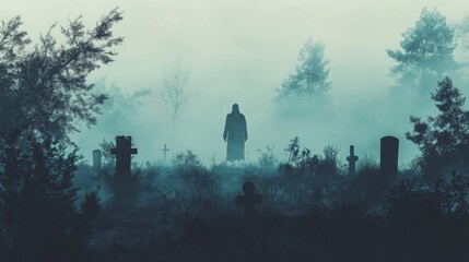 Fototapeta premium Mysterious Figure in Foggy Cemetery.
