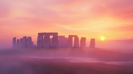 A beautiful sunrise over Stonehenge, with panoramic views capturing the stone circle bathed in soft morning light, under a sky painted with pastel colors