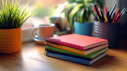 Fototapeta premium A colorful arrangement of multicolored notebooks on a wooden desk, with a cozy coffee cup and some office supplies in the background.