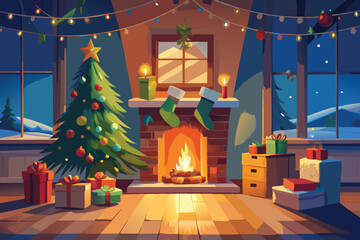 A warm and inviting scene featuring a crackling fireplace with stockings hanging above, a decorated Christmas tree, and wrapped gifts on the floor