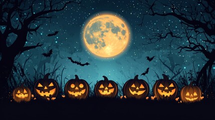 Halloween Jack-o'-Lanterns under a Full Moon.