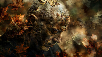 A contemplative portrait of a man sitting among fallen leaves, his head slightly bowed and eyes closed as if lost in thought, with the leaves creating a natural, textured background