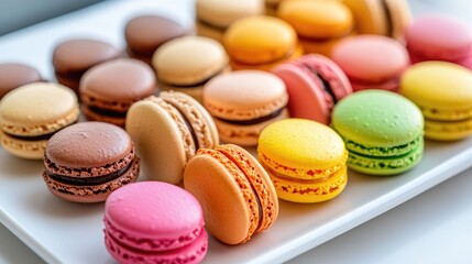 Obraz premium A colorful assortment of macarons arranged neatly on a white plate, showcasing a variety of flavors and vibrant colors.