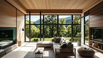 Obraz premium Mockup Stylish Modern Living Room with Expansive Windows, Rich Wood Accents, and Cozy Seating Area. Interior Background