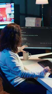 Vertical video Software engineer teacher doing online tutoring, talking with student in online videocall about ways to do debugging. IT master teaching apprentice in webinar how to write code, camera