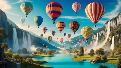 Fototapeta premium Over the Falls: Balloons Above a Sparkling Lake