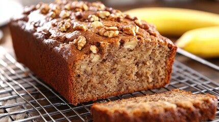 A delicious loaf of banana bread with walnuts, placed on a cooling rack with slices revealing a moist interior.