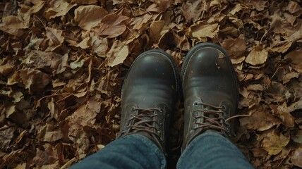 A pair of sturdy boots standing on a bed of autumn leaves in a serene forest setting during the fall season