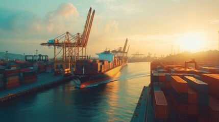 Obraz premium A dynamic shot of a cargo ship leaving a busy port, with cranes and stacked containers in the foreground