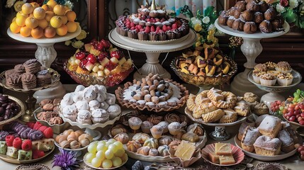 Tempting Treats Showcase variety of traditional sweets and desserts arranged on a beautifully decorated table enticing viewers with their deliciousness