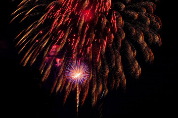 Fireworks filling the night sky on the 4th of July in a beautiful celebration
