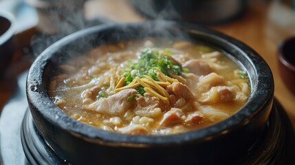 A close-up shot of Samgyetang, the warm ginseng chicken soup, bubbling in a black stone bowl, capturing the essence of Korean summer cuisine culture