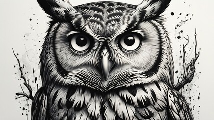 A striking black and white illustration of an owl perched on a branch with intricate details emphasizing its fierce expression