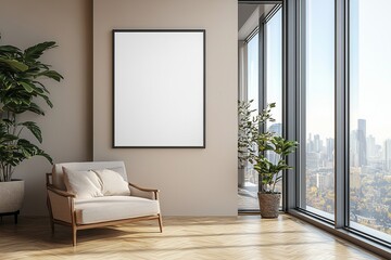 Poster Frame in Beige minimalist living room interior created with generative AI