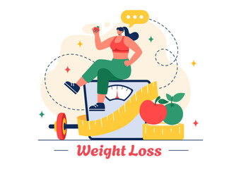 Weight Loss Vector Illustration of a Woman's Body Transformation emphasizing Fitness, Sports, Diet, and a Healthy Lifestyle in a Style Background