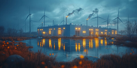 Fototapeta premium A large industrial complex with wind turbines illuminated at dusk.