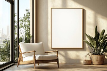 Poster Frame in Beige minimalist living room interior created with generative AI