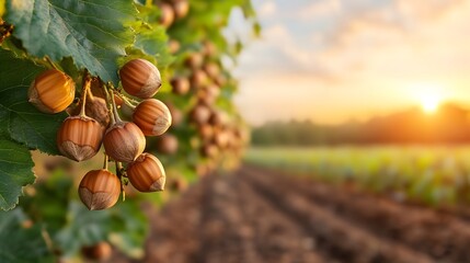 Abundant Clusters of Ripe Organic Hazelnuts Hanging from Lush Rural Orchard Landscape