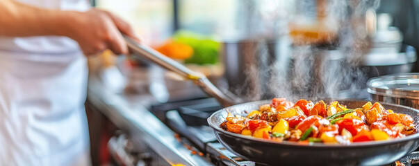 Obraz premium A chef is cooking a stir fry in a pan on a stove. The pan is full of vegetables and meat, and the steam from the food is rising. The chef is wearing a white apron