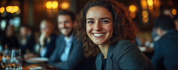 Obraz premium A woman with curly hair is smiling at the camera in a restaurant. She is surrounded by other people, some of whom are also smiling. The atmosphere seems to be friendly and relaxed