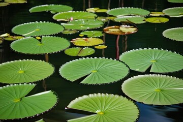 Vibrant Mint Green Lily Pads on Serene Water Surface Background