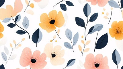 Obraz premium Floral Fantasy: A whimsical dance of pastel blossoms and navy leaves on a pristine backdrop, offering a touch of elegance and joy to any design. 