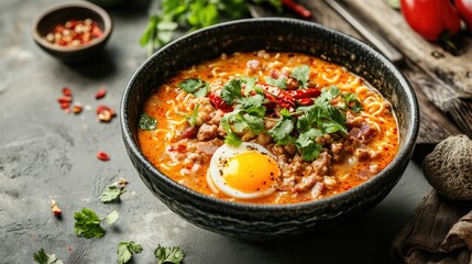A hearty bowl of Nyonya Laksa with pork bacon, sausage, and a soft-boiled egg yolk, garnished with chili and fresh herbs, placed on a rustic kitchen counter