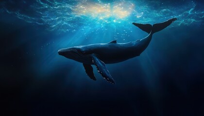 A majestic whale gliding through ocean depths, illuminated by stunning beams of light filtering from the surface.
