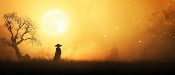 Obraz premium A mysterious figure stands against a glowing orange sunset, evoking a serene and captivating atmosphere in nature.