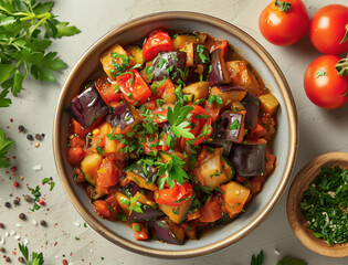 Traditional Pisto Spanish stew with fresh vegetables, eggplant, and zucchini in a rustic setting