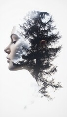 A serene double exposure image blending a woman's profile with a forest, symbolizing harmony between nature and humanity.