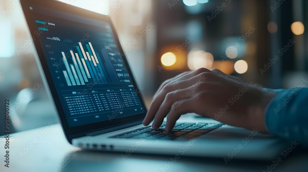 Poster businessman analyzing financial data and growth chart on laptop computer for business planning and s