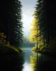 Obraz premium A serene river winding through a lush forest, bathed in golden sunlight and surrounded by tall trees reflecting in tranquil waters.