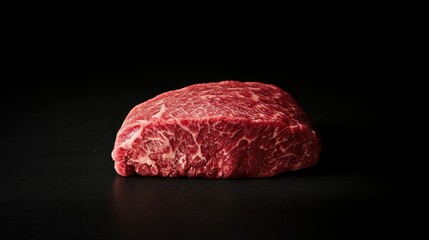 A perfectly marbled Chuck eye (Misuji) beef cut, displayed on a black background. The stark contrast brings out the texture and color of the Japanese beef.