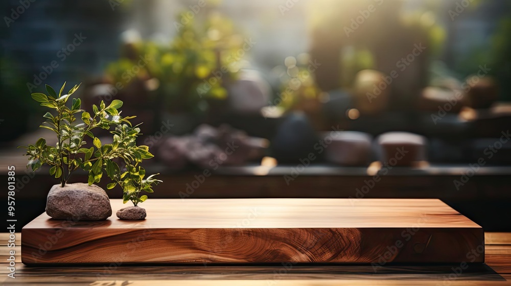 Poster A serene bonsai tree in a wooden tray, set against the backdrop of sunlight and plants.