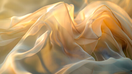 A long, flowing piece of fabric is blowing in the wind in a field