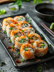 Hamachi yellowtail roll with scallions, Japanese cuisine delicacy on a dark background