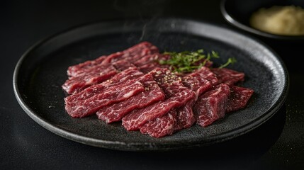 A plate of thinly sliced Japanese Wagyu beef with perfect marbling, ready for a BBQ grill. Exquisite presentation for high-end food and culinary photography.