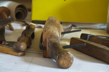 Working desk in the shipyard, Shipbuilding tools