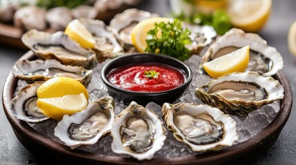 A platter of fresh oysters on ice with lemon slices, sea salt, and a dipping sauce, arranged elegantly for a gourmet seafood dining experience.