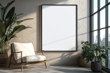 Poster Frame in Beige minimalist living room interior created with generative AI