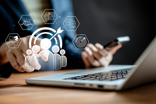 Human Resources Manager showing virtual group human icon with target goal, HRM, CRM, Motivation to achieve, teamwork, Recruitment Consultants and Human Resources Management Concepts.