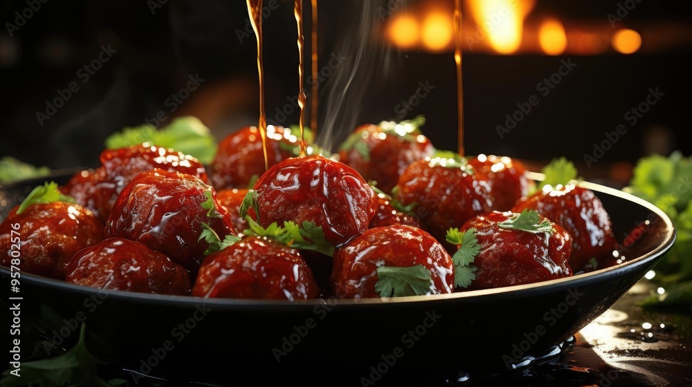 Wall mural Freshly made Asian-style meatballs in a wok, surrounded by an enticing sauce,