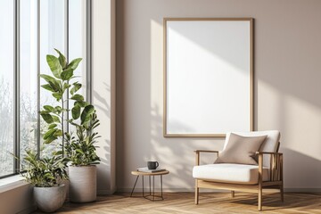 Poster Frame in Beige minimalist living room interior created with generative AI