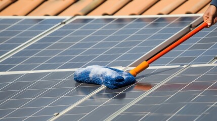 A professional worker or engineer is using a mop to clean the solar panels on the roof.